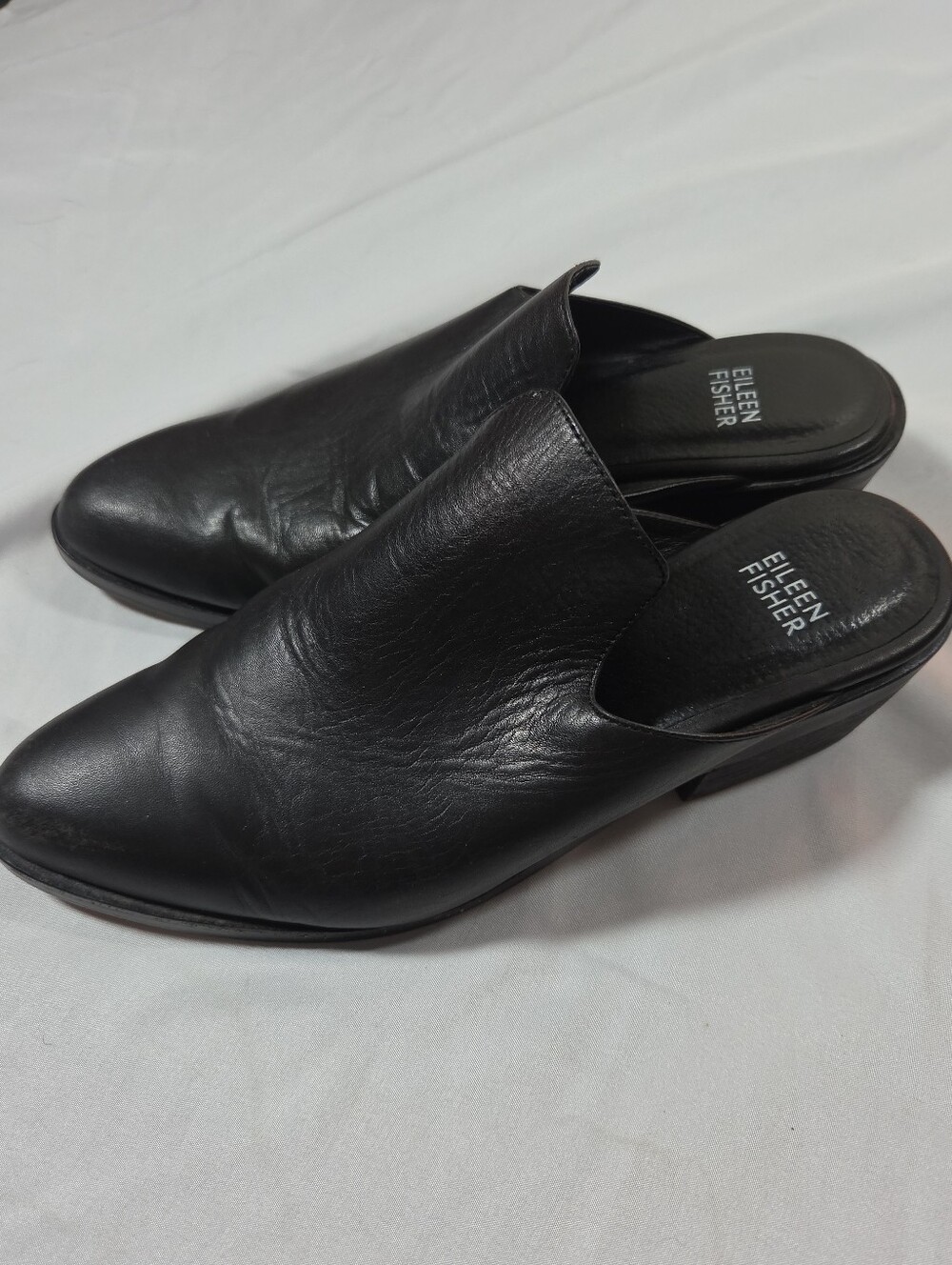 Eileen Fisher Black Leather Slip-On Pointed Wedge Mules Size 8 Quiet Luxury